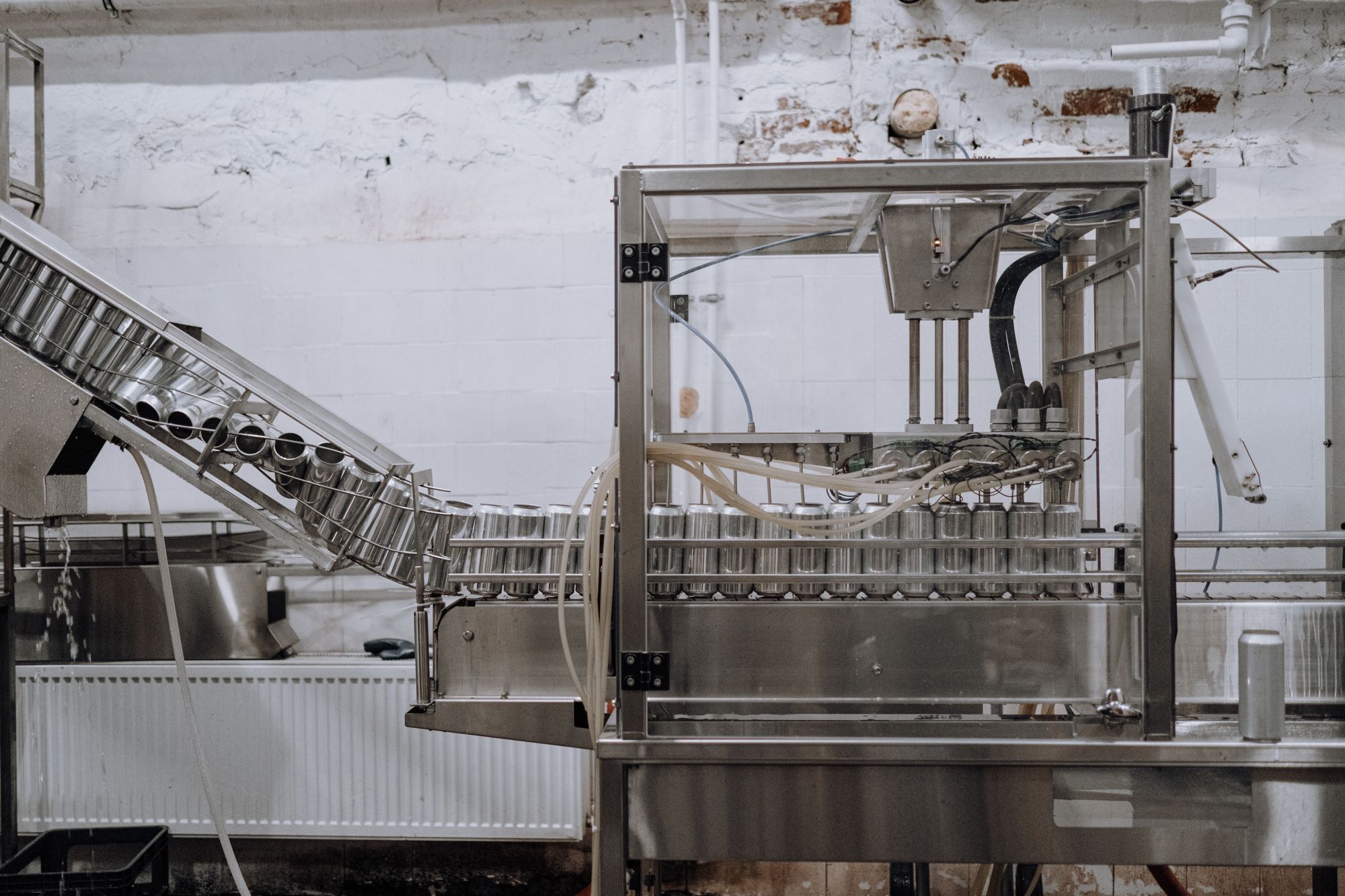 The canning line at the Four Acre Foods facility, cans moving toward the filling machine